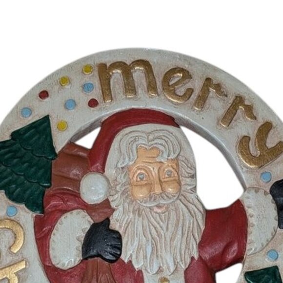Vintage 1980s 1990s Wooden Hand Carved Merry Christmas Santa Claus Wall Plaque - Picture 2 of 4